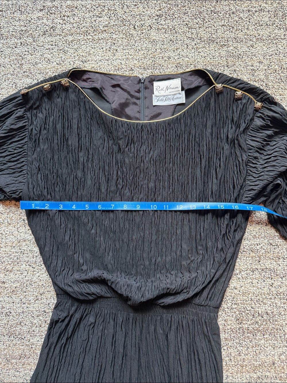 Vintage Ruth Norman Black Crinkle Wide-Leg Jumpsuit Button-Trim Shoulders - Picture 5 of 9